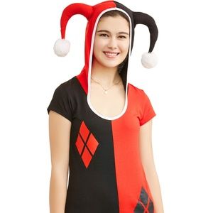 Harley Quinn Hooded Costume T Shirt Joker Top Batman DC comics Halloween M L XL
